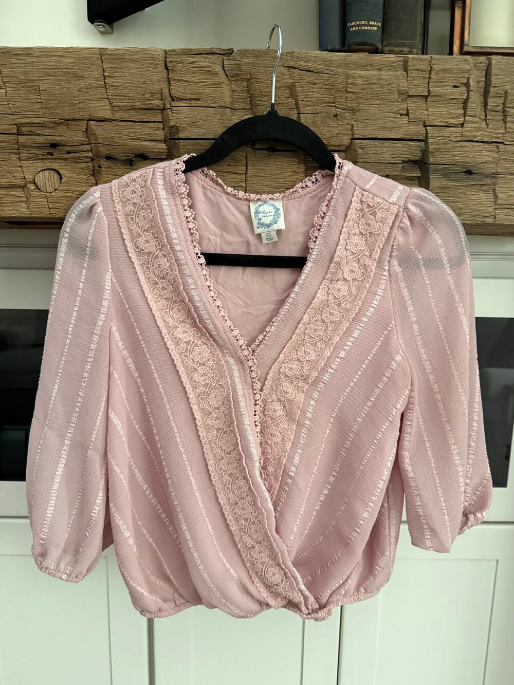 Blue Rain Blush Pink Lace Trim Wrap Blouse Sz XS Boho V-Neck Puff Sleeve Top